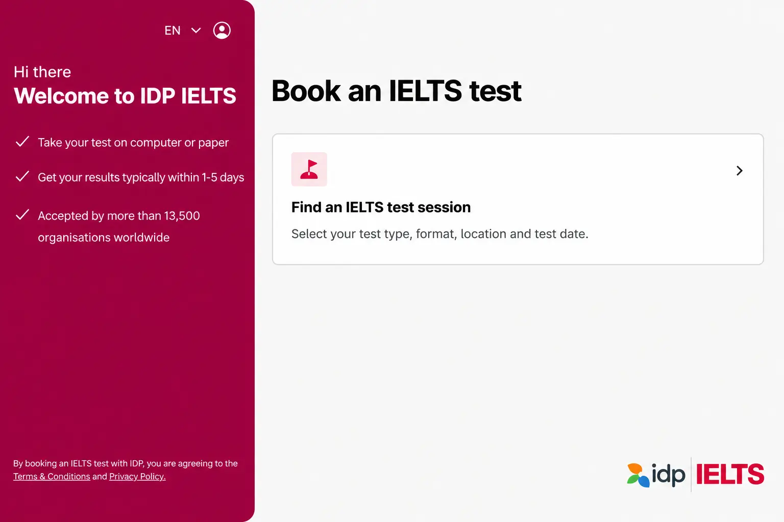 IDP IELTS test booking page