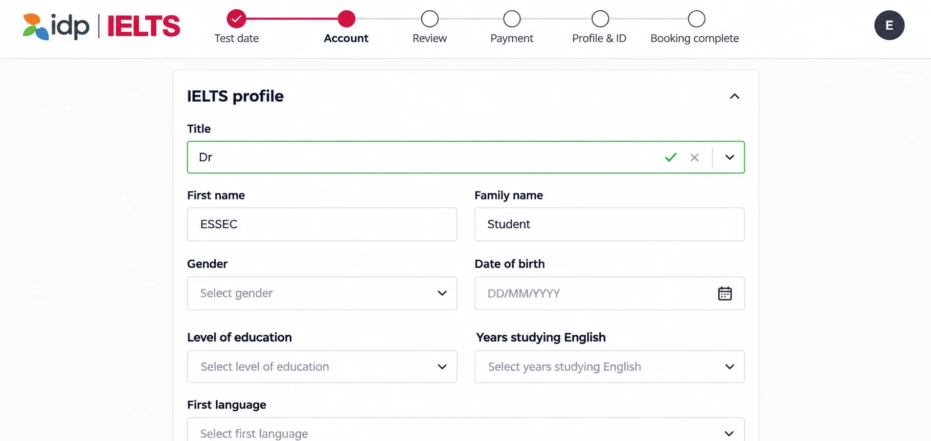 Completing IDP IELTS profile