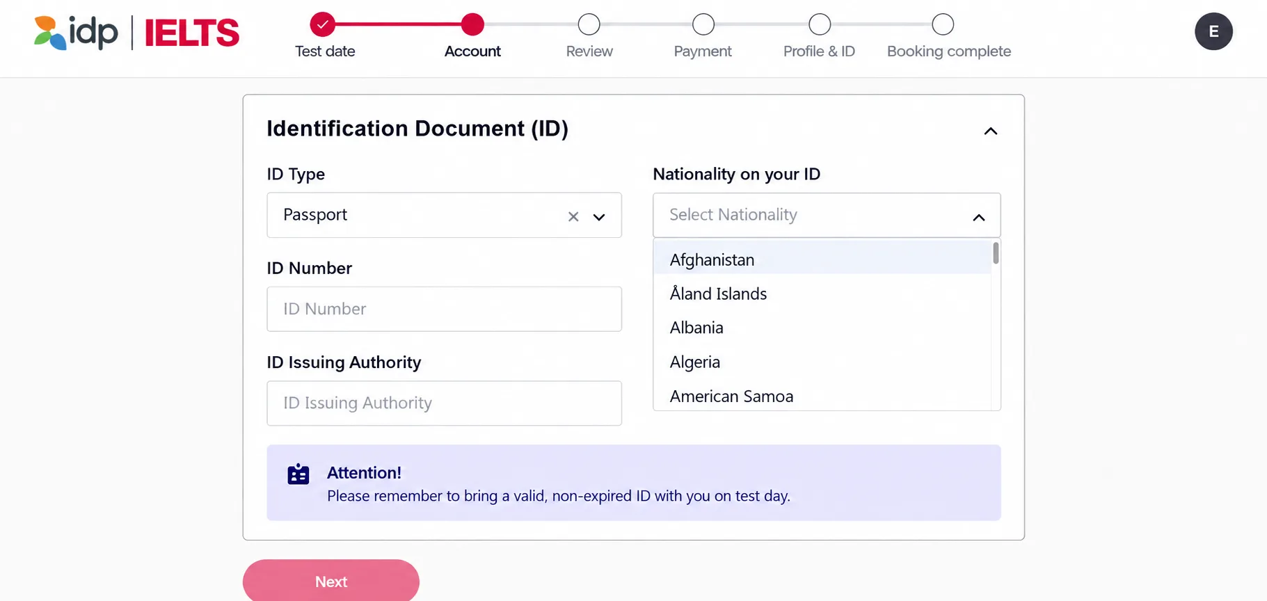 Adding identification document for IELTS booking