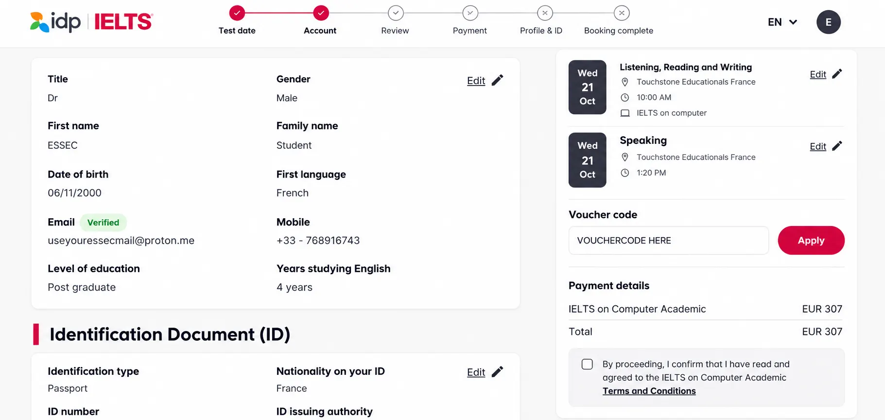 Entering IELTS voucher or booking code