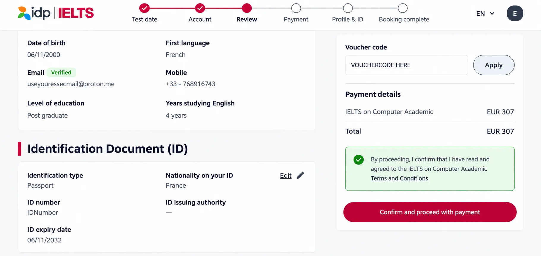 Accepting IELTS terms and completing payment