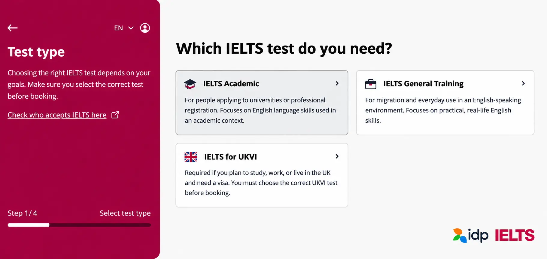 Selecting IELTS test type