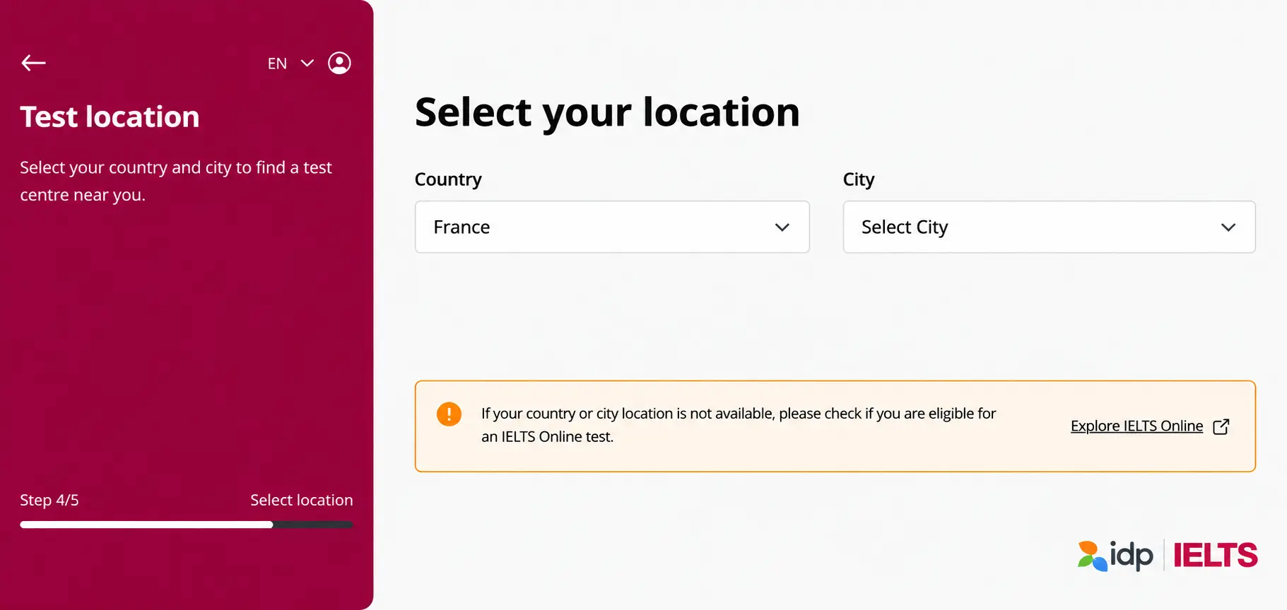 Selecting IELTS test location