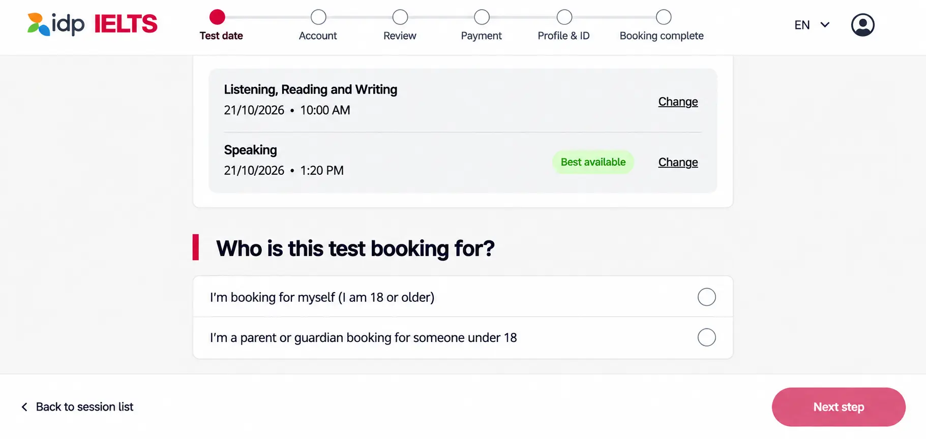 Confirming IELTS test session