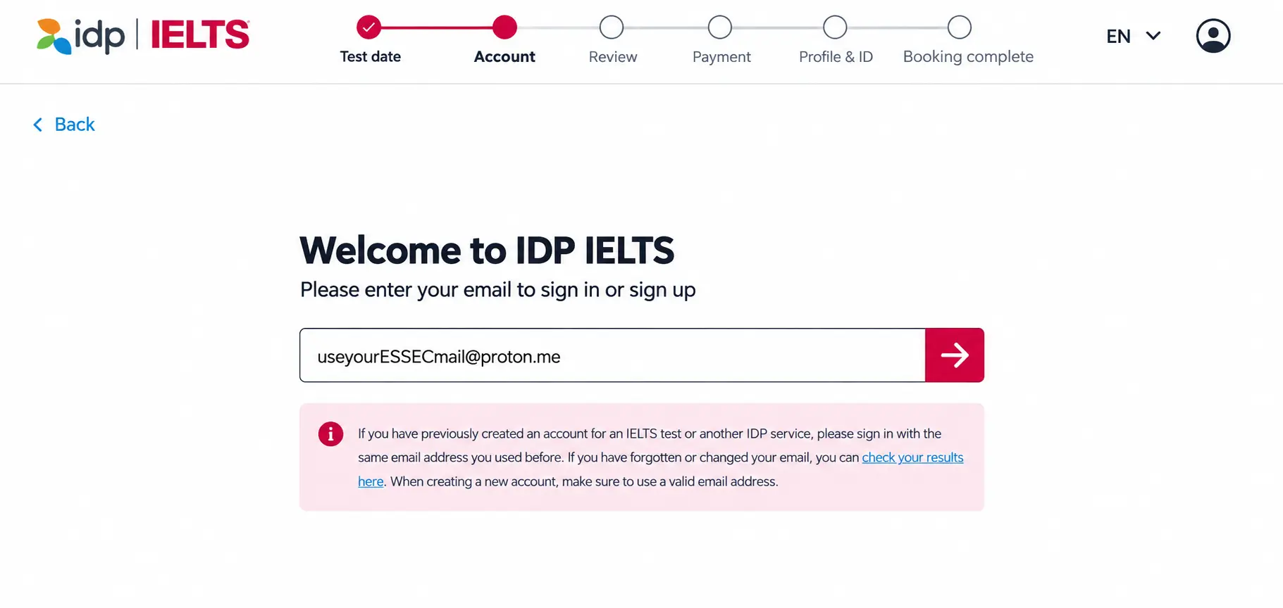 Signing in to IDP IELTS account